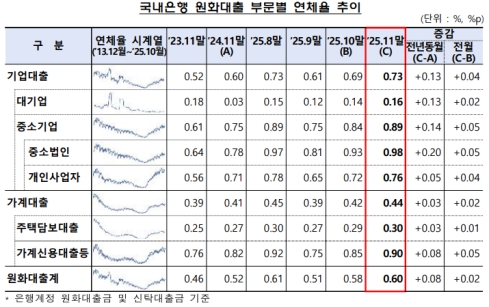 11월 은행 대출 연체율 0.60%…전월 대비 0.02%p 상승